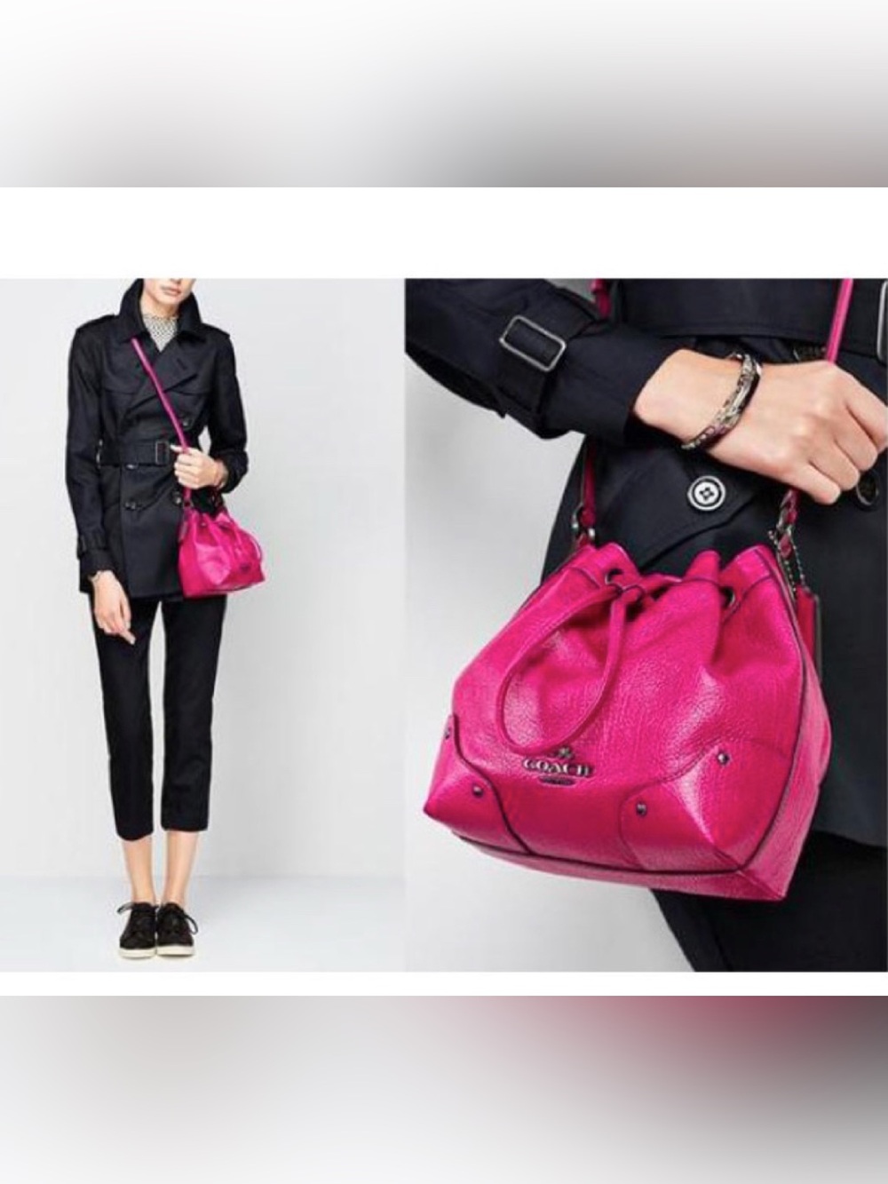 Coach 2015 EUC leather Baby Mickie a vibrant fuchsia pink drawstring bucket bag